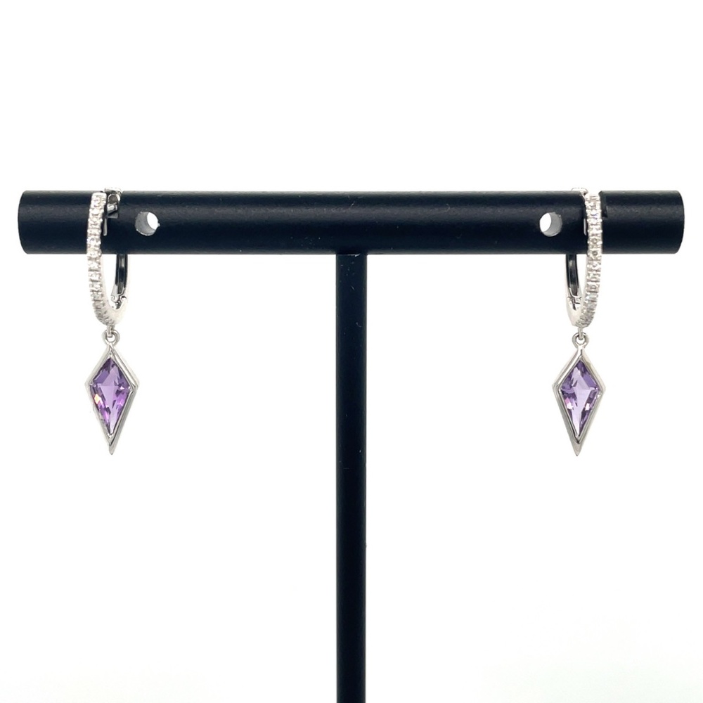 14k white gold amethyst kite shape earrings with diamonds